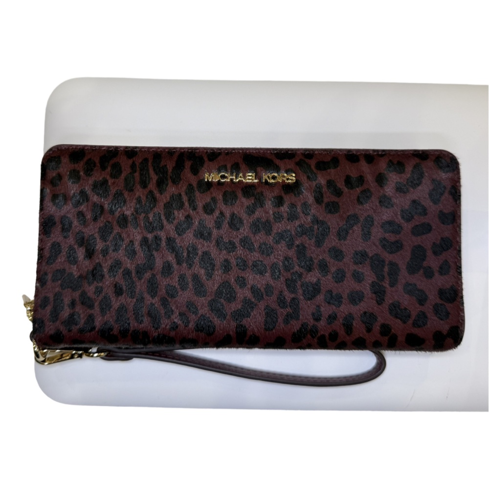 Michael Kors Jet Set Travel Continental Wallet Oxblood Leopard Calf Hair NWT